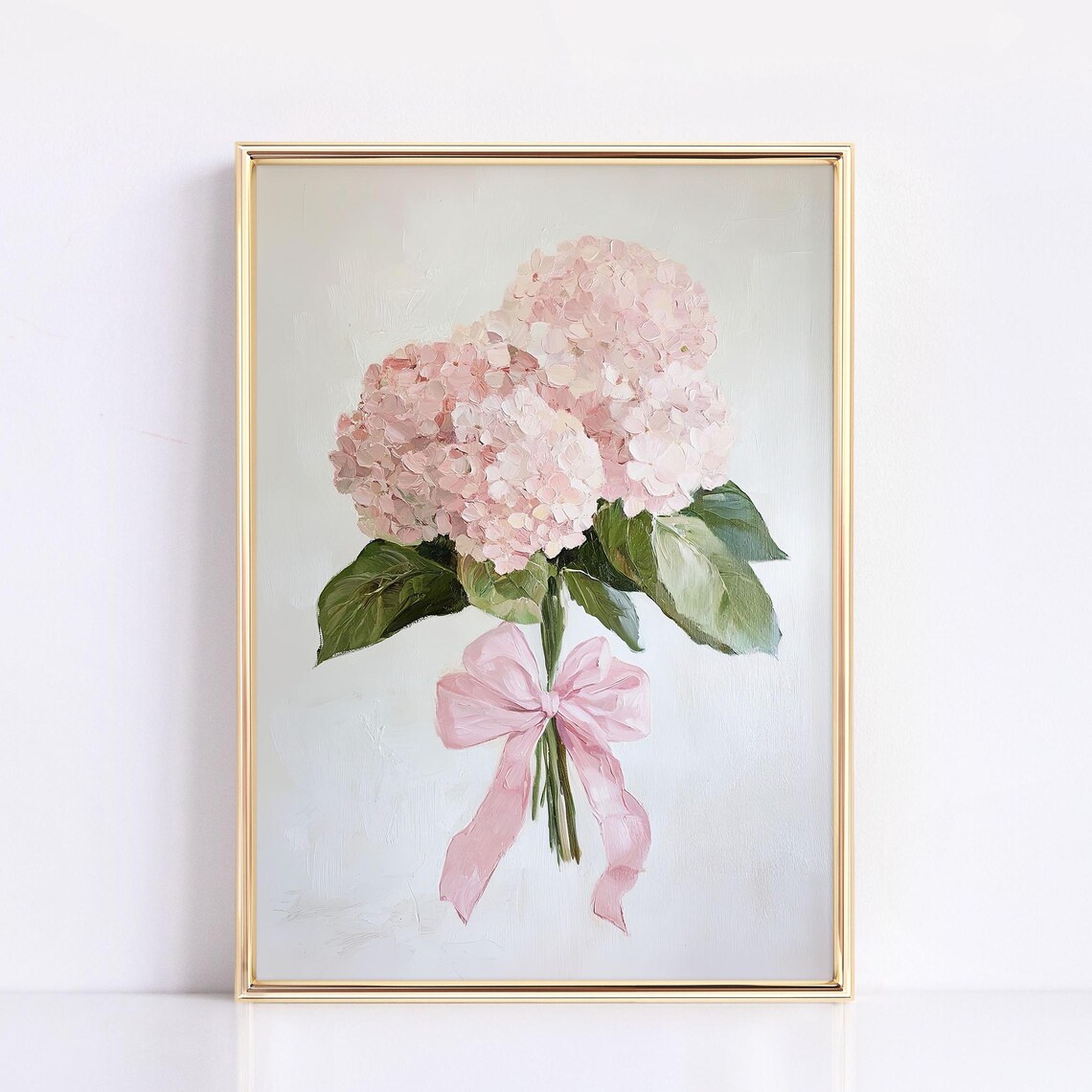 Pink Hydrangeas With Bow, Floral Spring Art Print