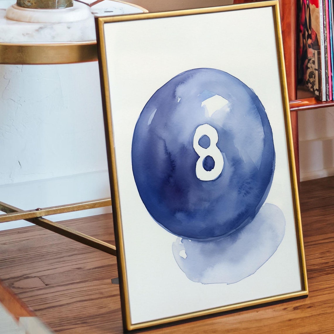 Navy Blue Eight Ball Watercolor Lucky Retro Game Room Poster
