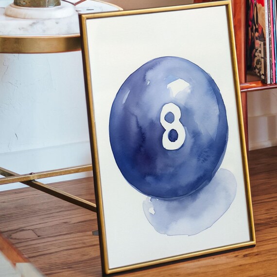 Navy Blue Eight Ball Watercolor Lucky Retro Game Room Poster