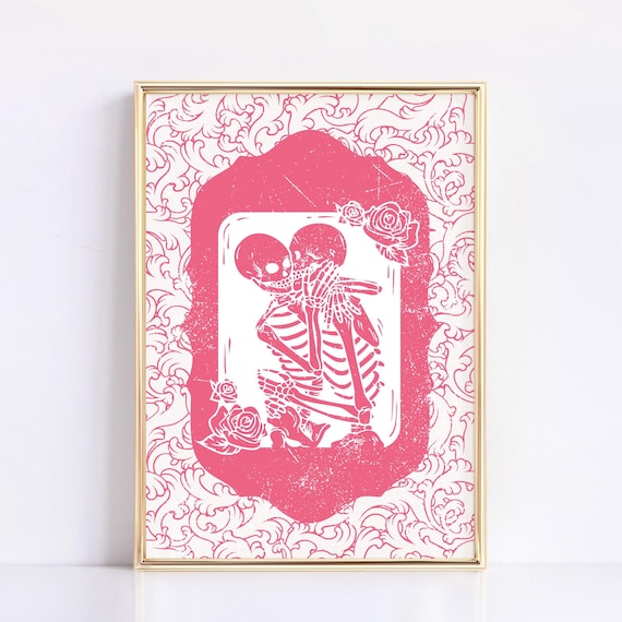 Skeleton Couple Embrace Pink Romantic Gothic Valentine Poster