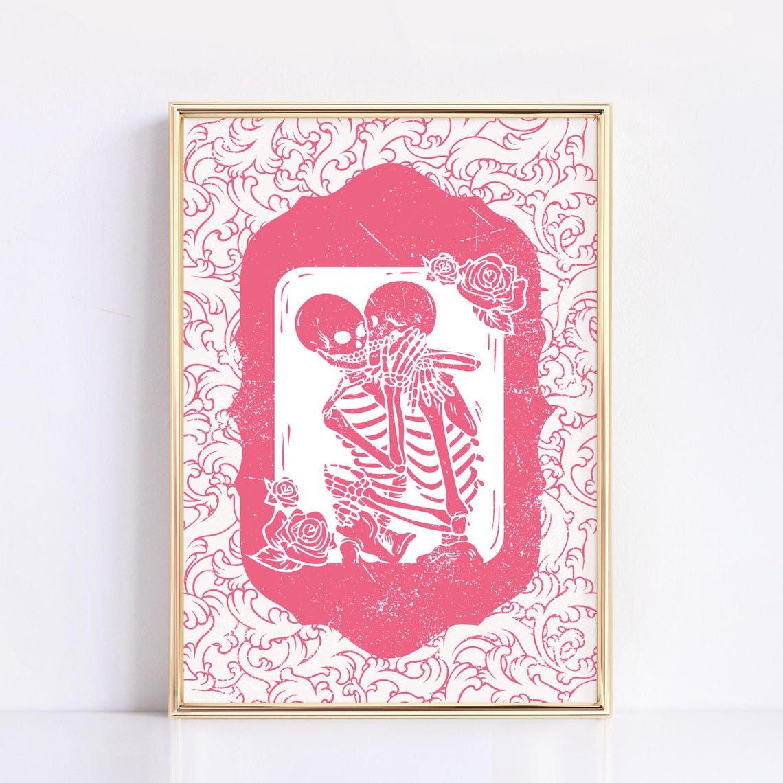 Skeleton Couple Embrace Pink Romantic Gothic Valentine Poster