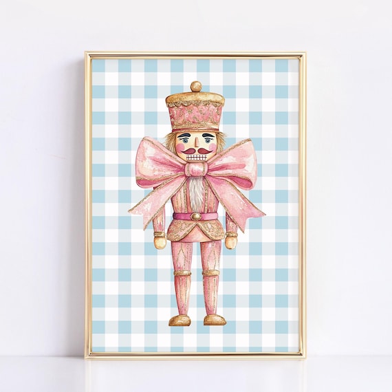 Pink Nutcracker Christmas Print Pink Gold Bow Wall Art Pink Christmas Art Pastel Christmas Decor Nutcracker Wall Art Cute Christmas Art