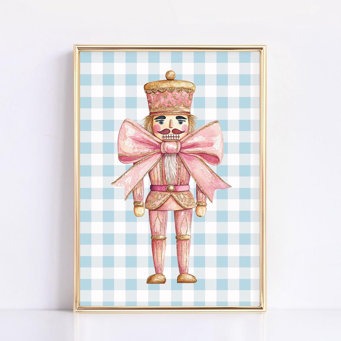 Pink Nutcracker With Big Pink Bow Blue Gingham Christmas Poster