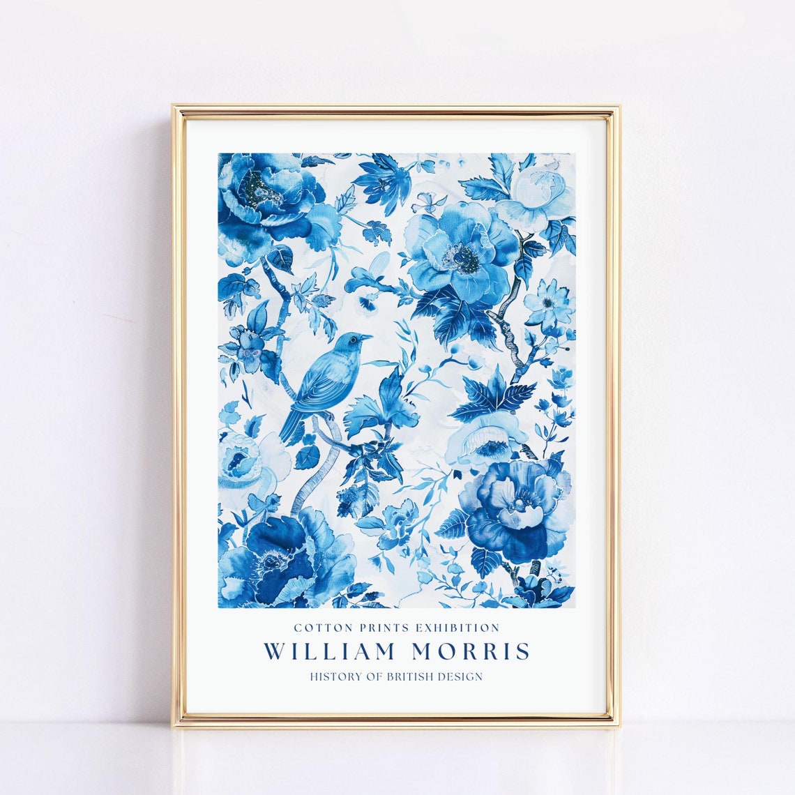William Morris Cotton Prints Exhibition Blue Floral Bird Poster