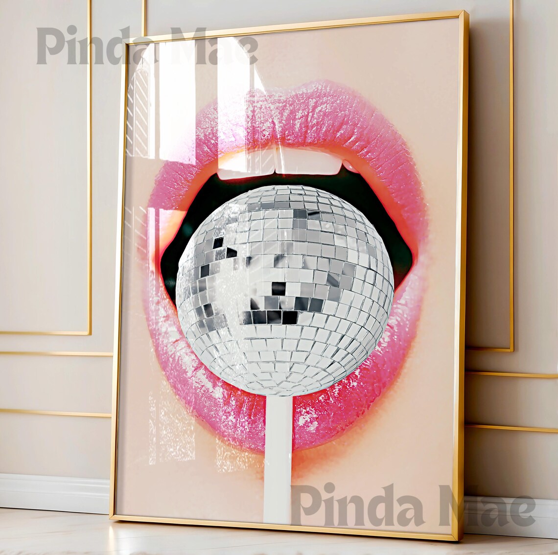 Pink Lips Disco Ball Lollipop Pop Art Beauty Glam Room Wall Art