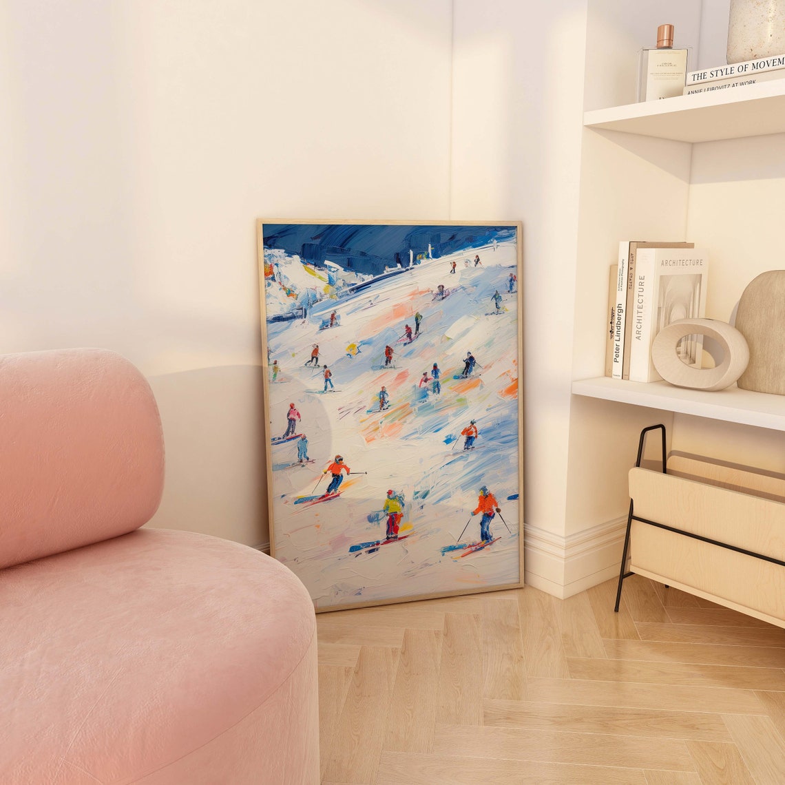 Impressionist Ski Slope Painting Colorful Skiers Winter Art Poster - Image 2