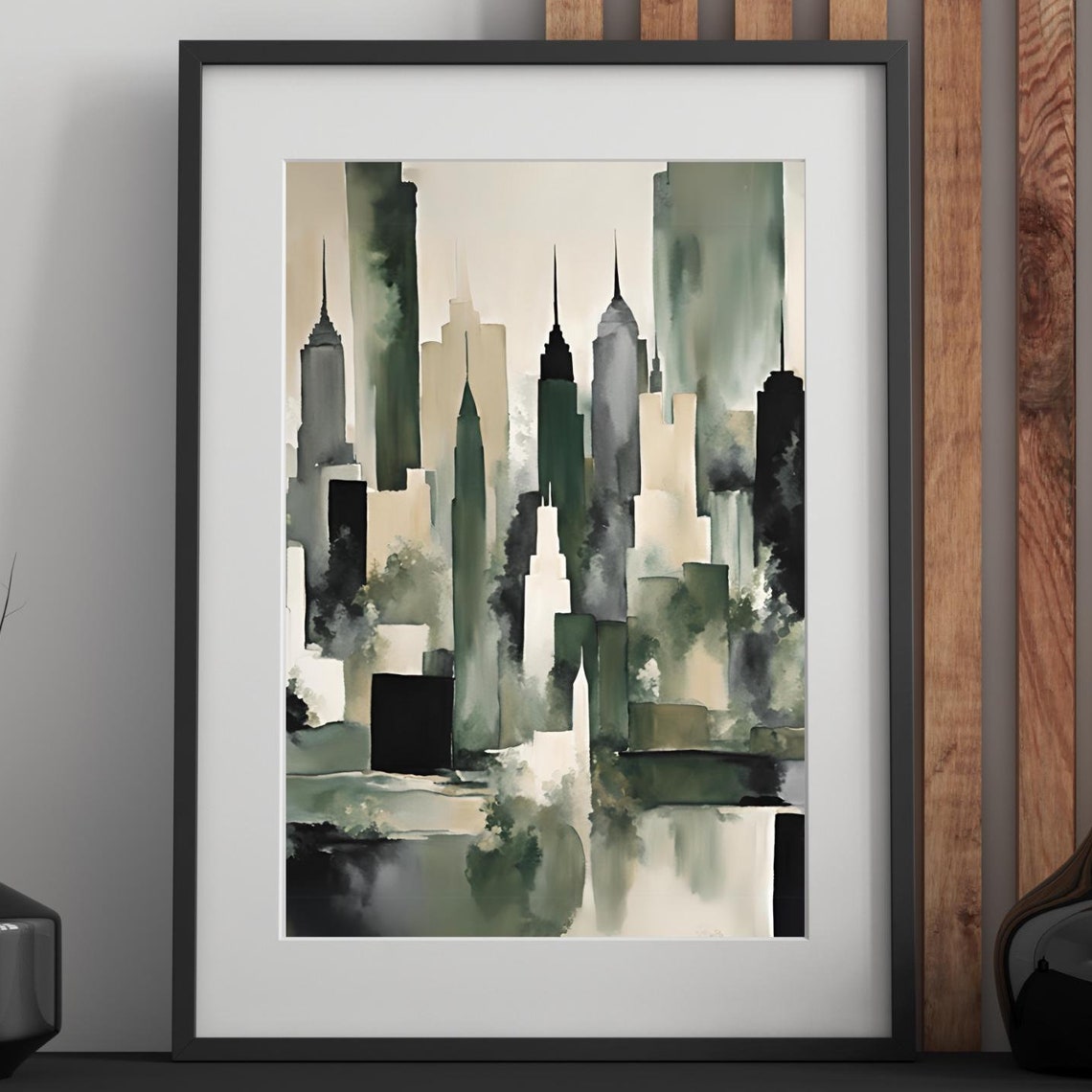 New York City Manhattan Skyline Green Watercolor Abstract Poster