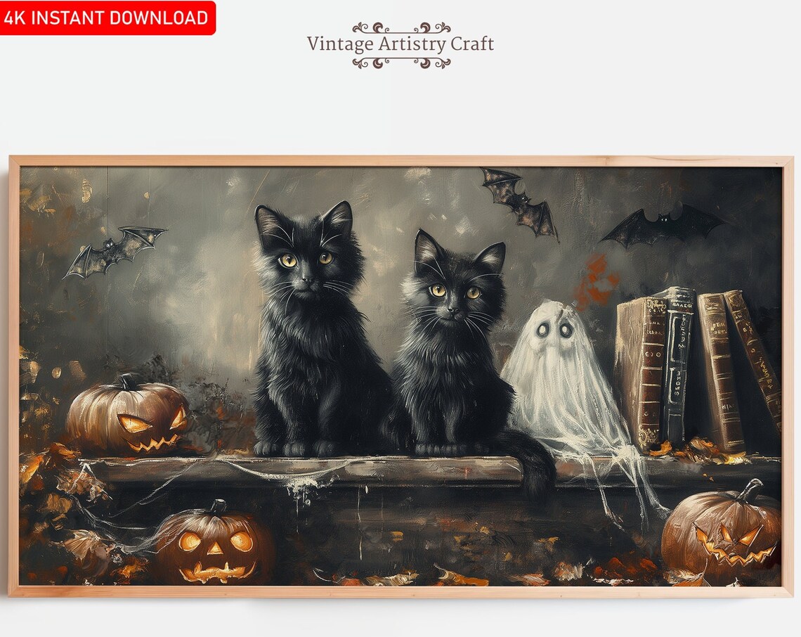 Cute Black Cats Halloween Retro Ghost Art Print
