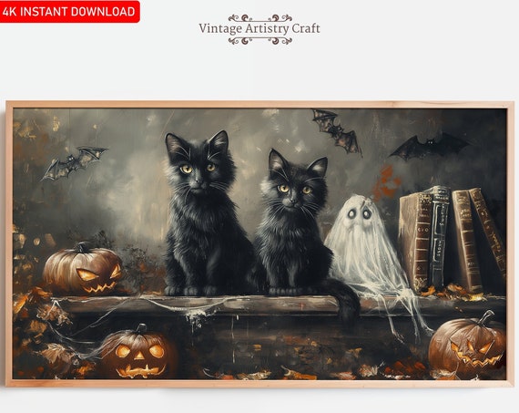 Cute Black Cats Halloween Retro Ghost Art Print