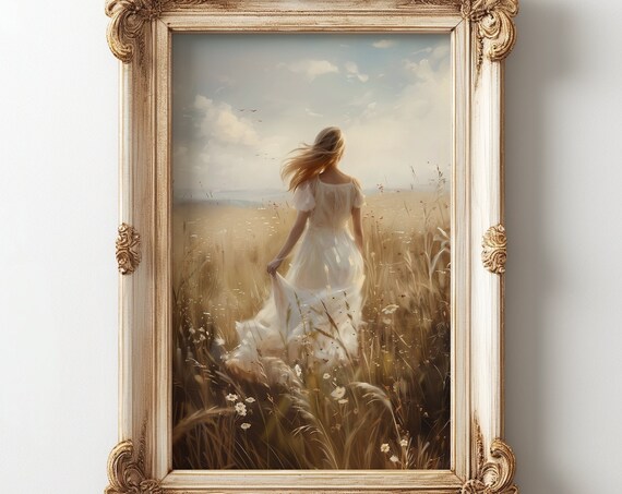 Woman in White Dress Walking Wildflower Field Dreamy Cottage Poster