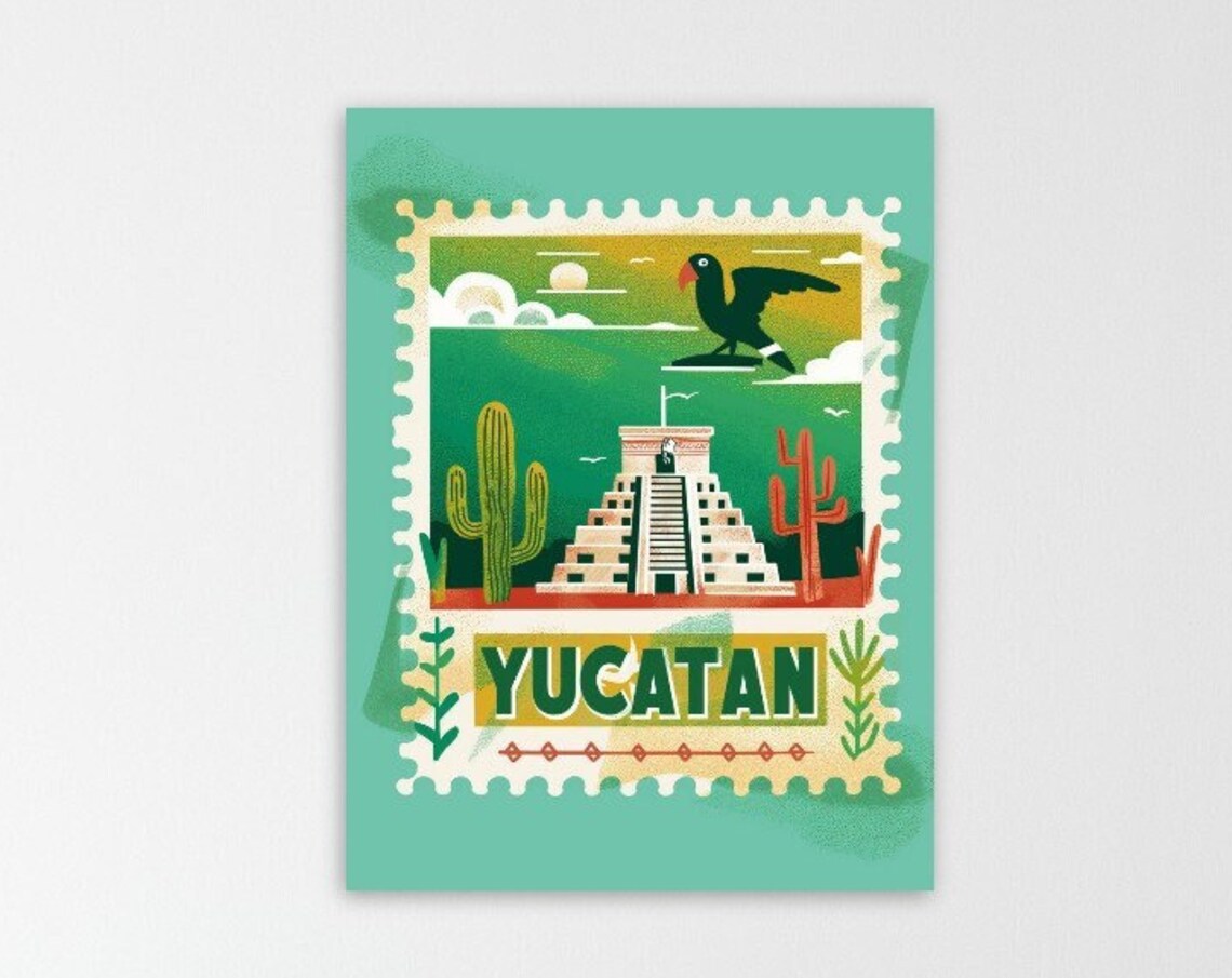 Yucatan Mexico Mayan Pyramid Cactus Stamp Style Travel Poster