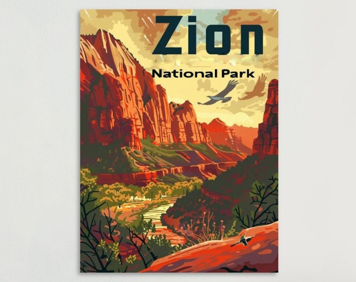 Zion National Park Red Rock Canyon Soaring Birds Vintage Travel Poster