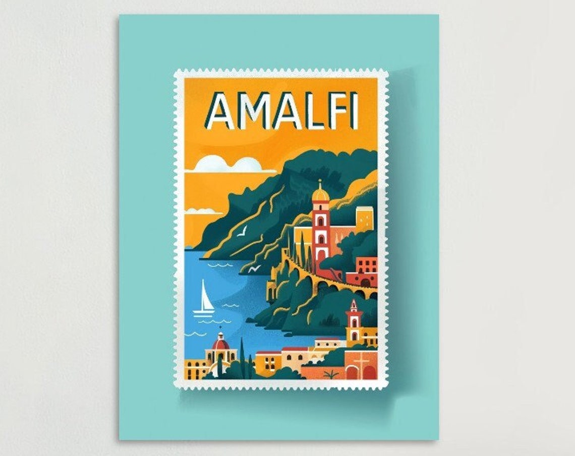 Amalfi Coast Cliffside Sailboat Sunset Teal Stamp Travel Poster