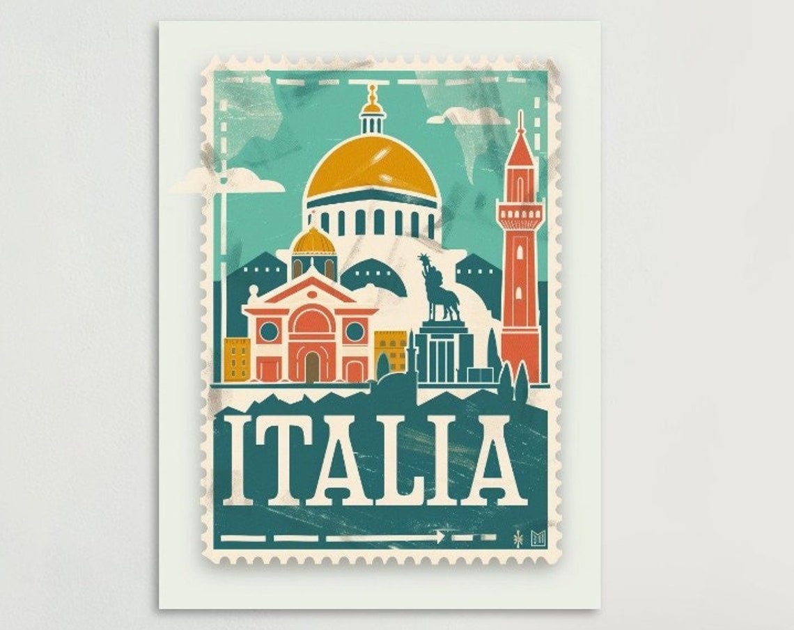 Italy Landmarks Collage Italia Vintage Stamp Teal Travel Poster