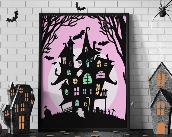 Haunted Mansion Pastel Halloween Party Decor Cute Ghost Halloween Decor Art Print Halloween Decoration Poster Printable Halloween Wall Art