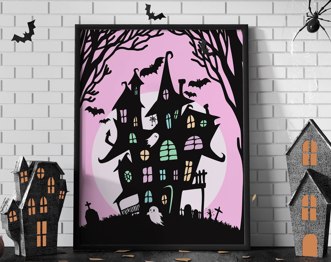 Pink Haunted Mansion Halloween Ghosts Bats Party Decor Poster