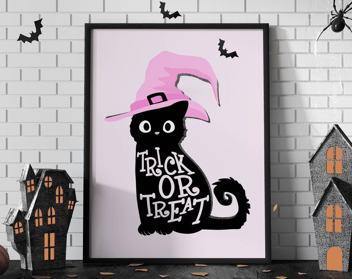 Trick Or Treat Black Cat Witch Hat Pastel Pink Halloween Poster