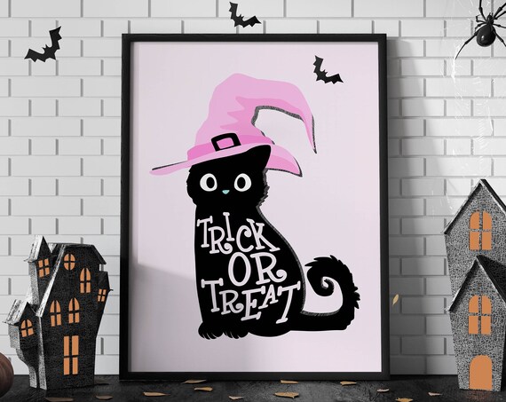 Trick Or Treat Black Cat Witch Hat Pastel Pink Halloween Poster
