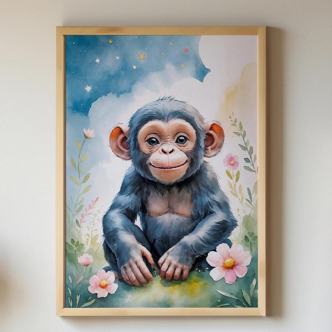Baby Chimpanzee Watercolor Jungle Safari Nursery Monkey Art Poster
