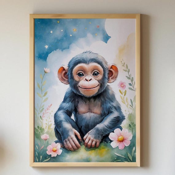 Baby Chimpanzee Nursery Art Print Safari Animal Decor