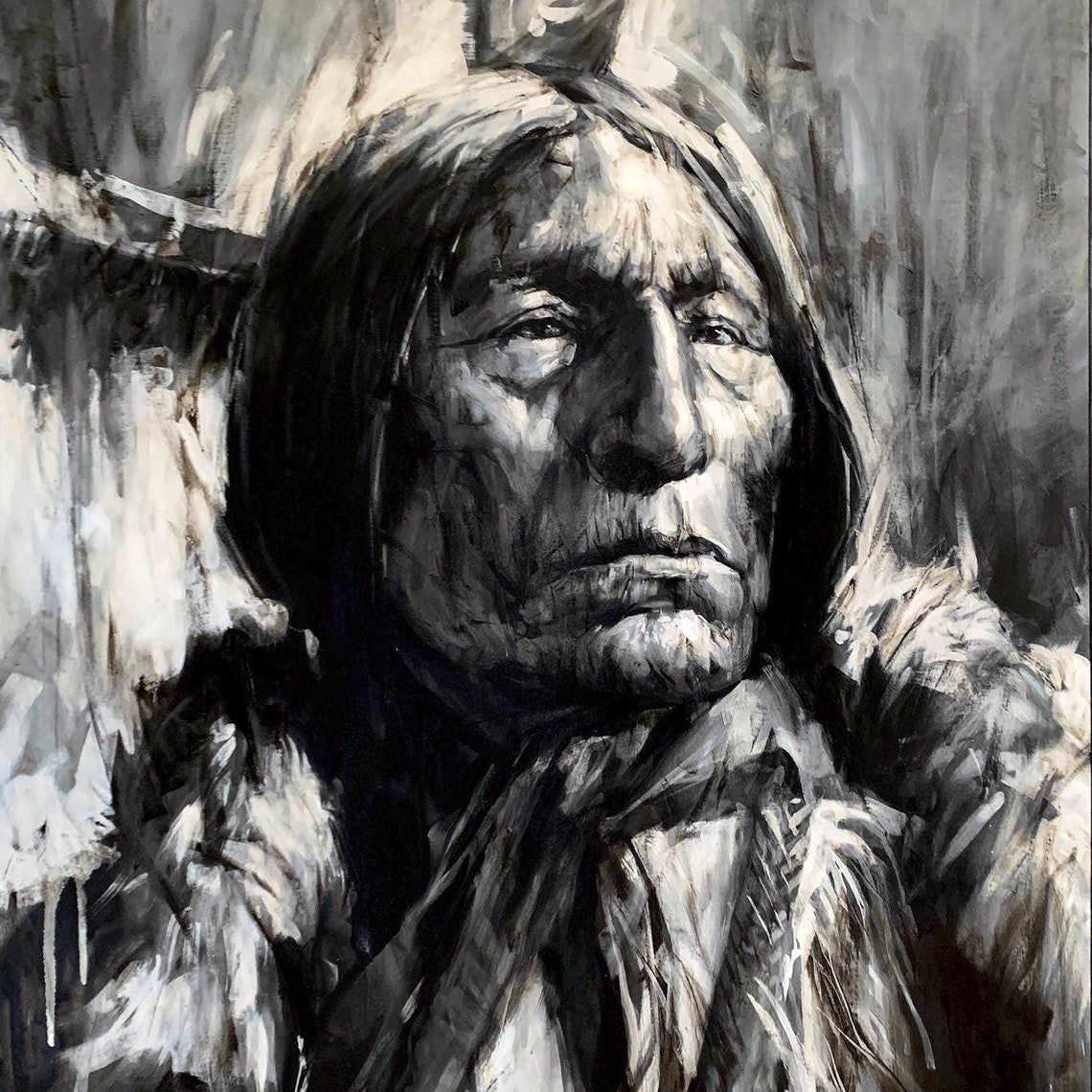 Elderly Man With Long Hair Black and White Portrait Painting Poster