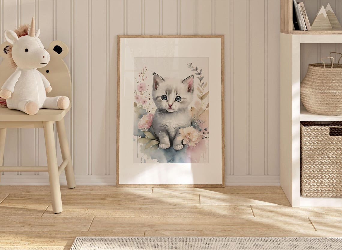 Adorable White Kitten Watercolor Nursery Portrait With Flowers Poster - Image 2