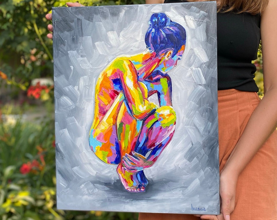 Colorful Nude Woman Crouching Pose Abstract Figurative Art Print