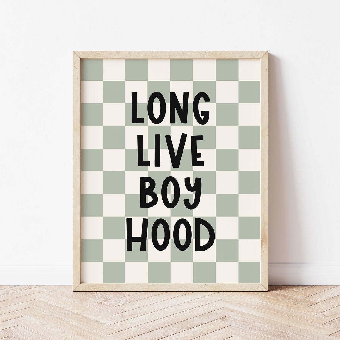 Long Live Boyhood Sage Green Checkerboard Trendy Boys Room Wall Art