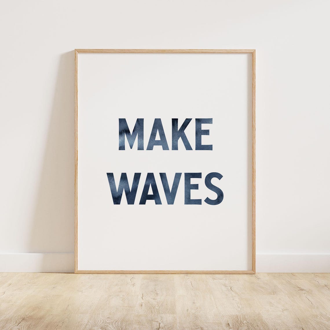 Make Waves Navy Watercolor Block Letters Coastal Quote Sign Poster - Image 2
