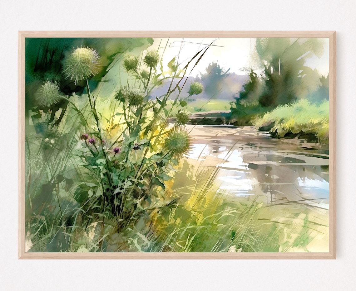 Country Landscape Rural River Art Print, Summer Field