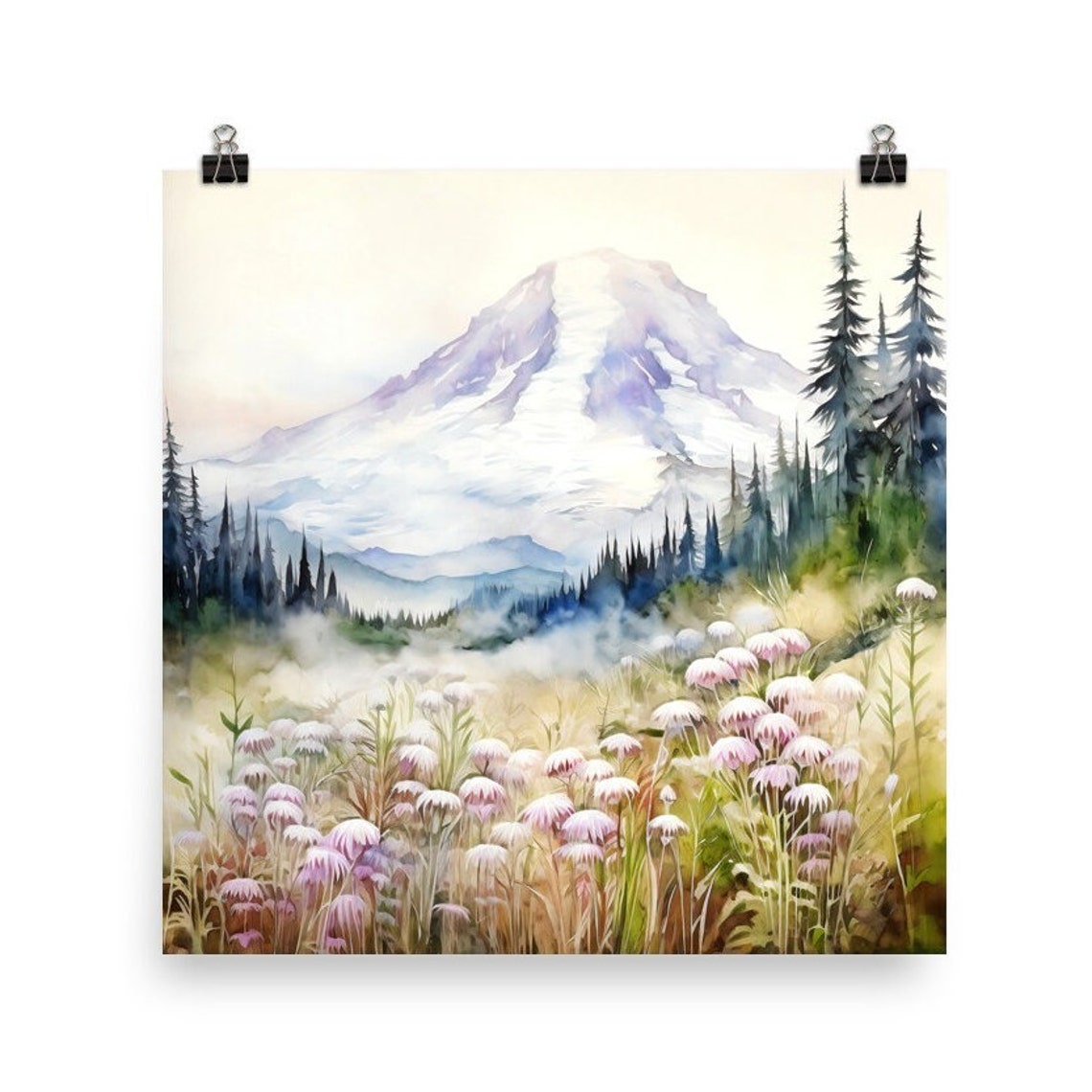 Mount Rainier Snow Peak Pink Wildflower Meadow Watercolor Poster - Image 5