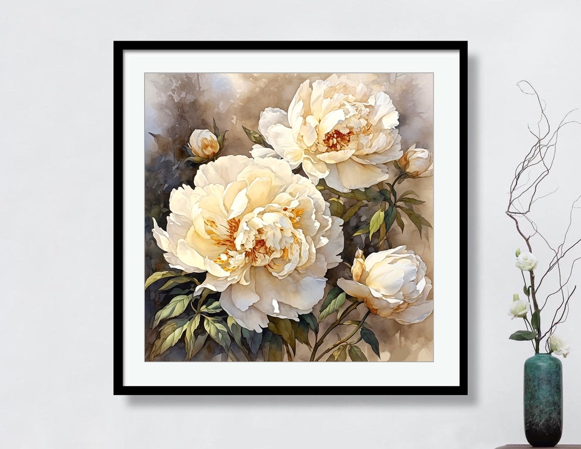 Ivory White Peonies Watercolor Elegant Floral Botanical Art Print - Image 2