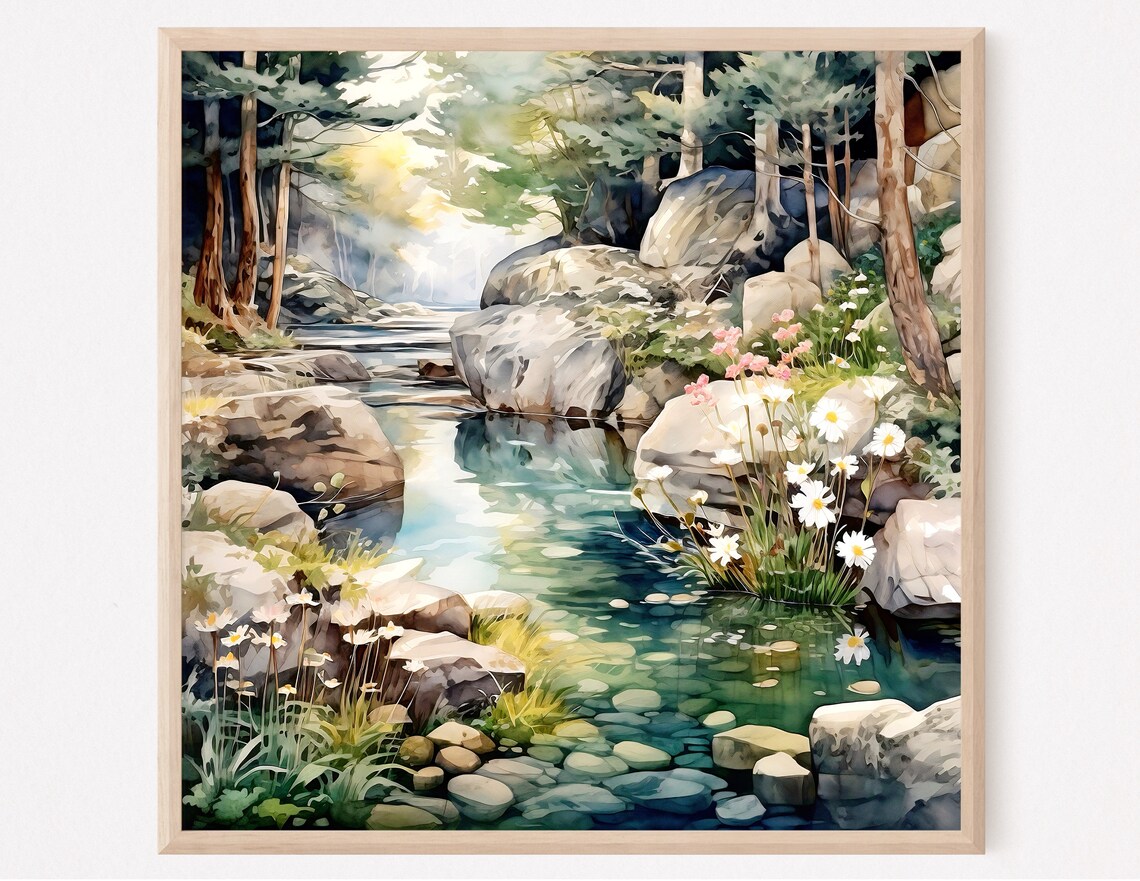 Forest River Watercolor Art Print, Landscape Decor