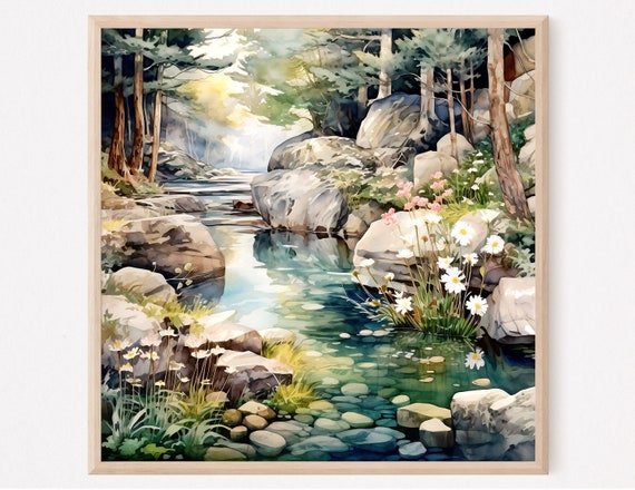 Forest River Watercolor Art Print, Landscape Decor