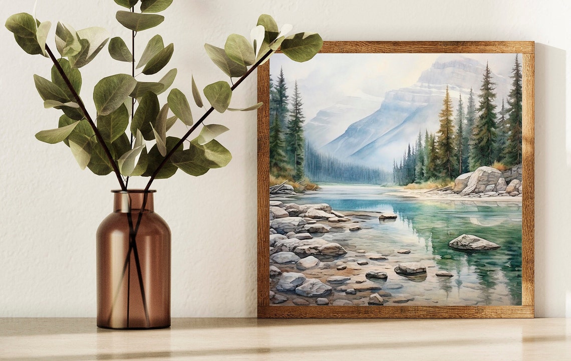 Rocky Shore Mountain Lake Watercolor with Pines and Peak Poster - Image 4