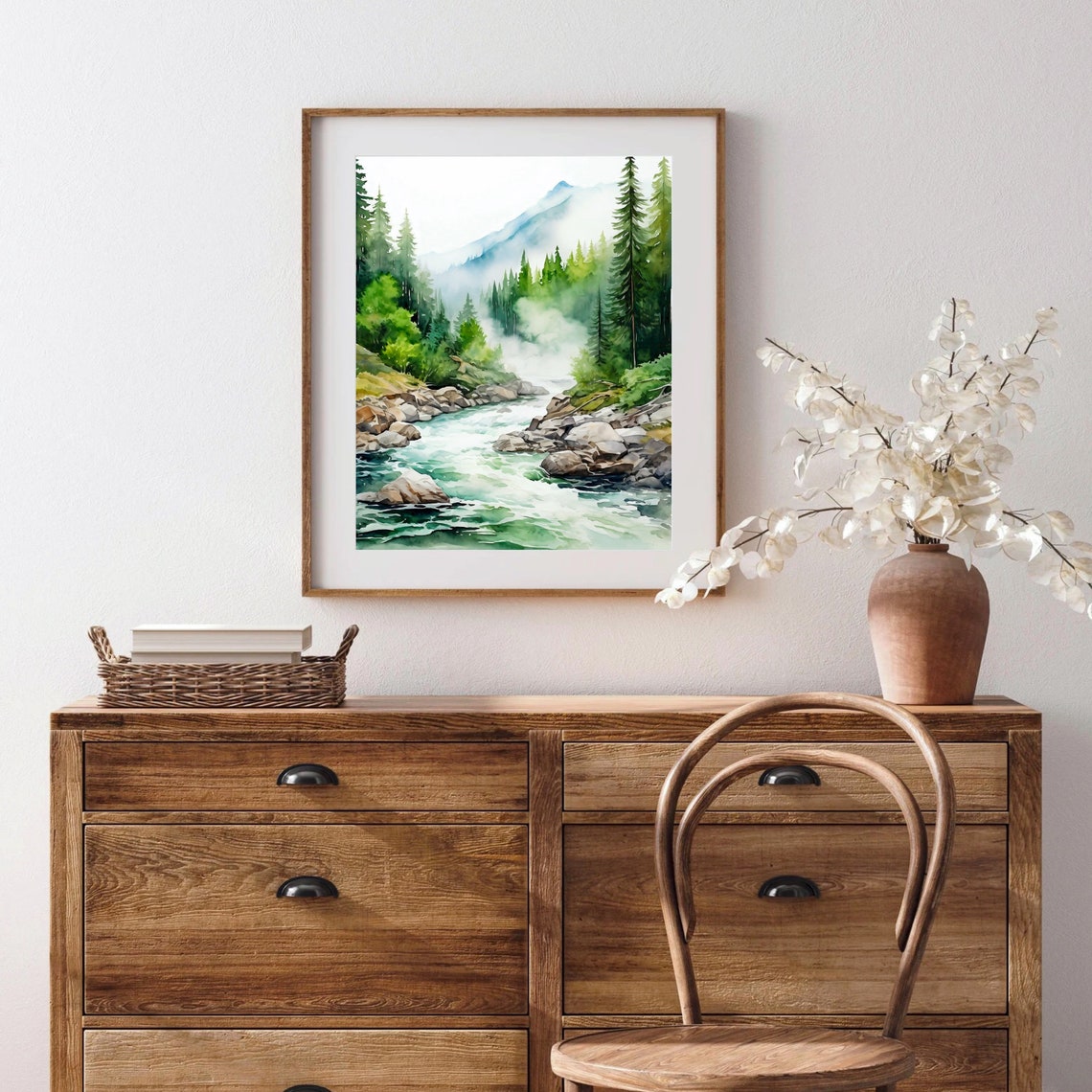 Mountain River Rapids Evergreen Forest Mist Watercolor Poster - Image 3
