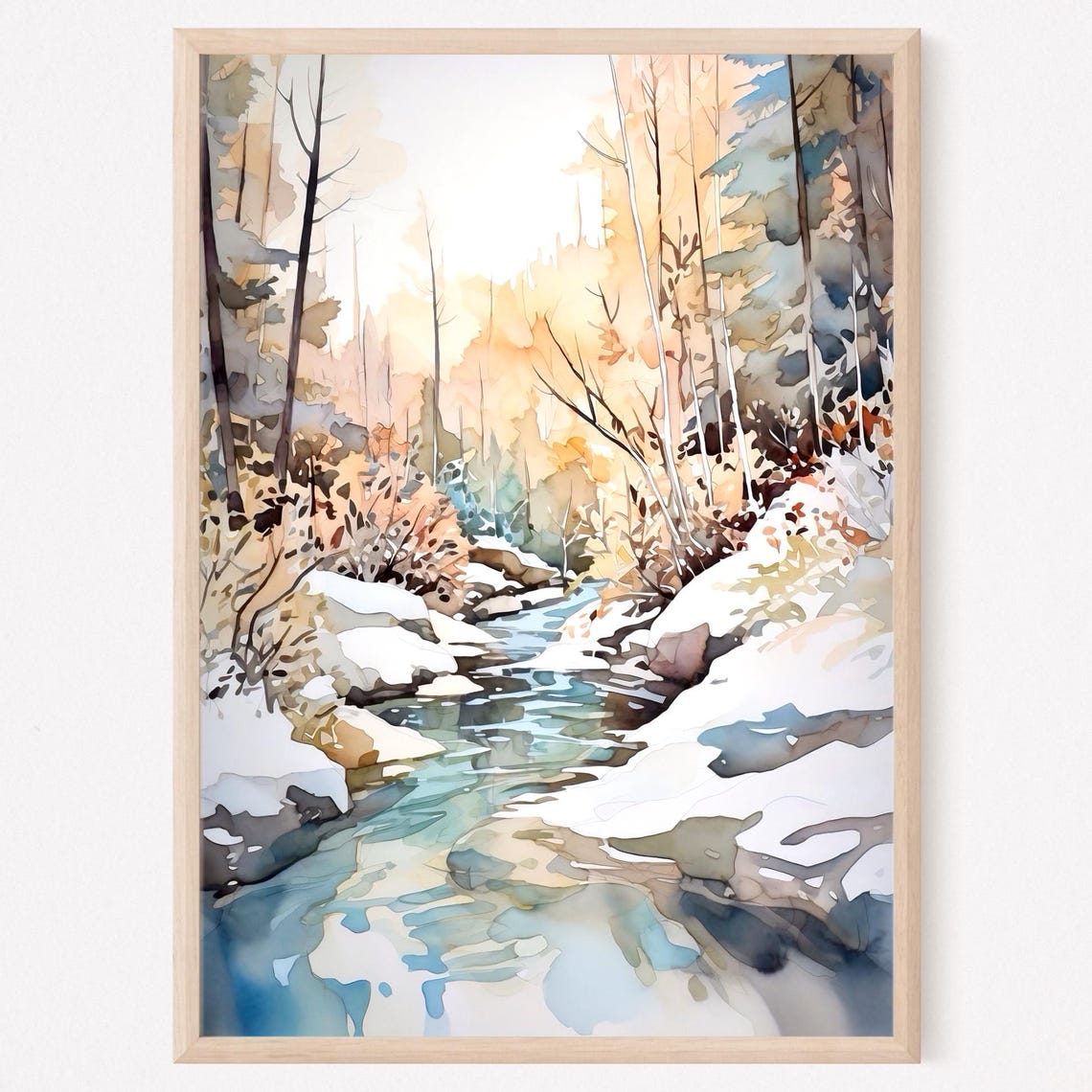 Winter Forest Stream Snow Covered Banks Watercolor Art Poster