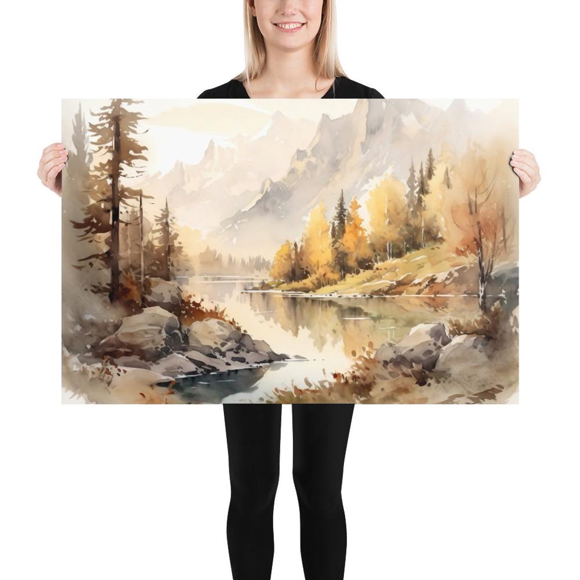 Autumn Mountain Lake with Golden Trees Watercolor Landscape Poster - Image 5