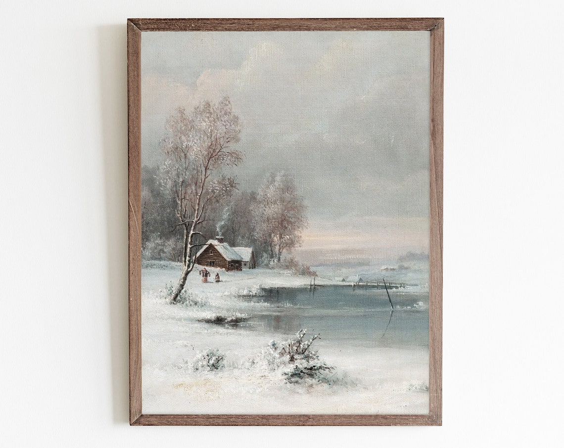 Winter Cabin Landscape Scene Prints Rustic Winter Oil Painting Christmas Village Painting Vintage Christmas Prints Antique Holiday Art