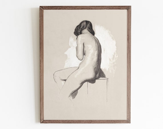 Neutral Vintage Nude Woman Sketch, Bathroom Art Print
