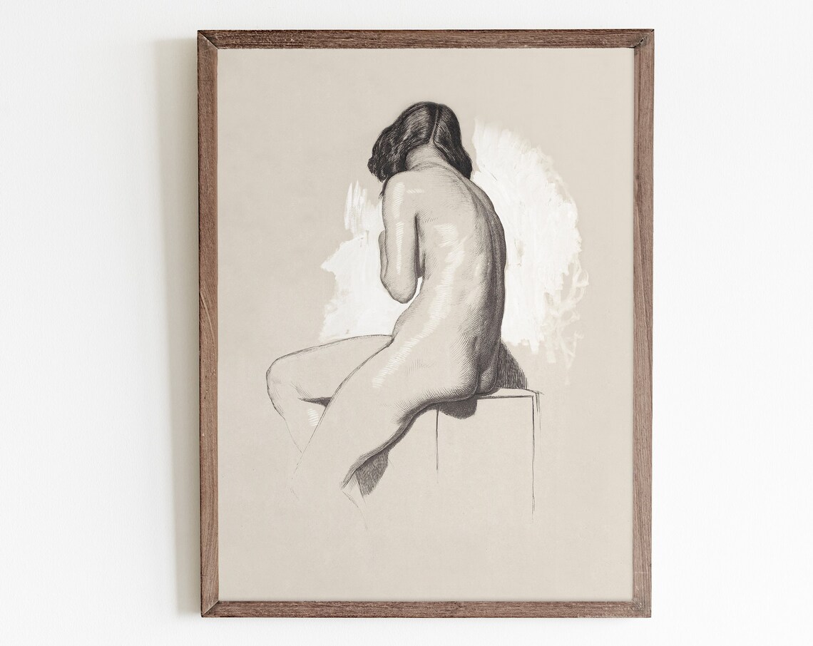 Neutral Vintage Nude Woman Sketch, Bathroom Art Print