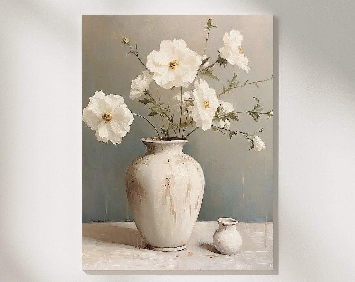 White Poppies Rustic Vase Soft Cottage Still Life Floral Poster