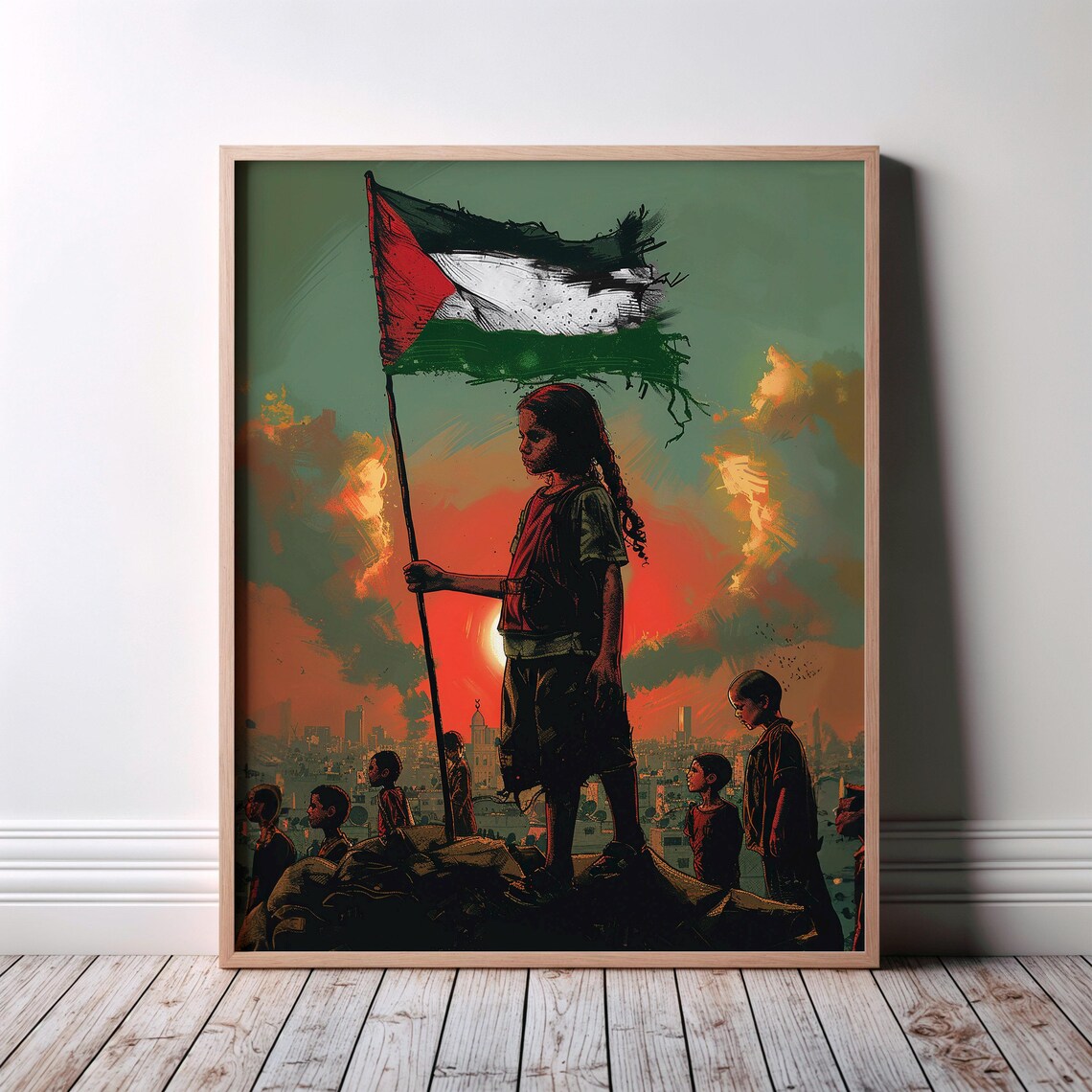 Palestine Flag Boy Holding Flag at Sunset Political Street Art Poster