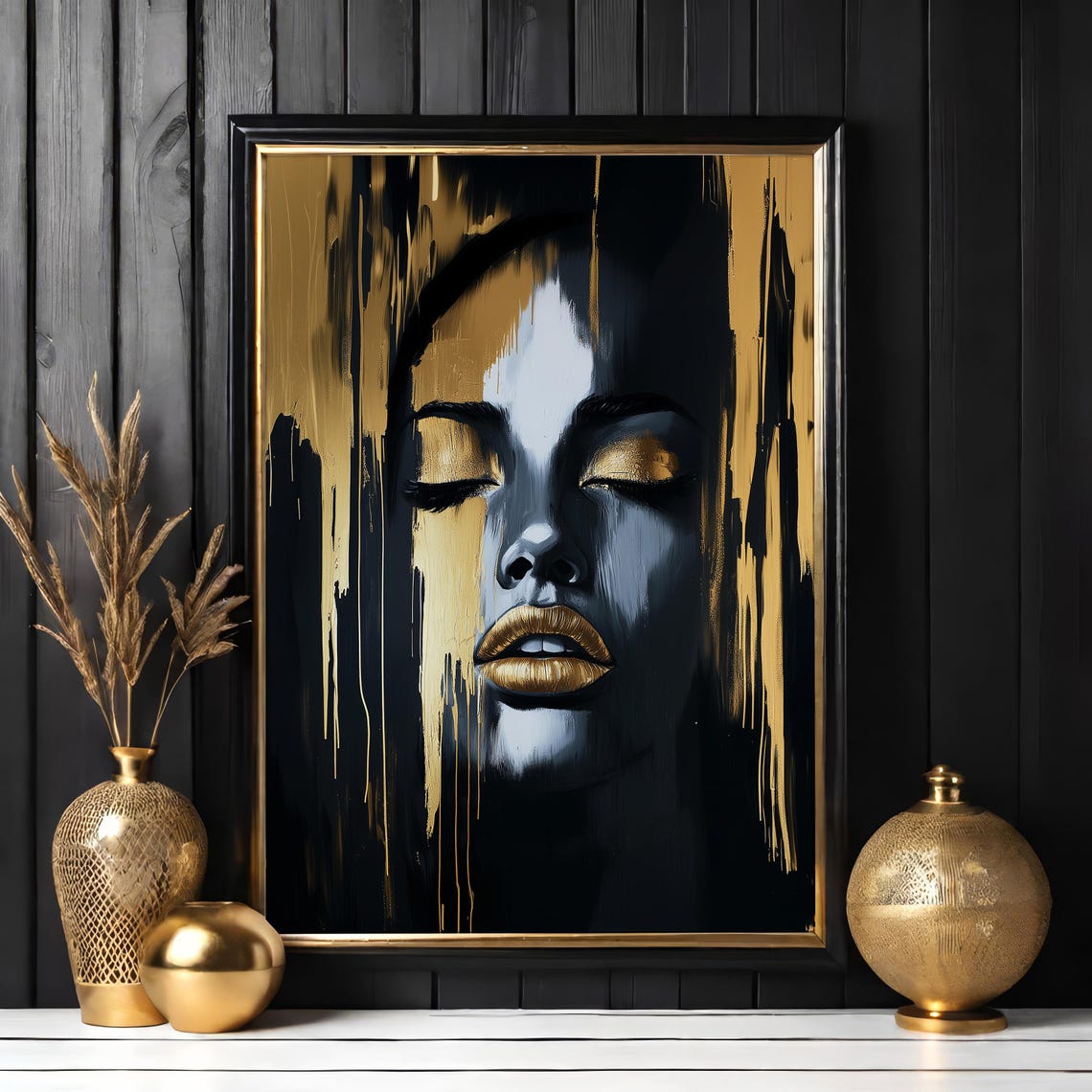 Black Gold Abstract Face Golden Lips Dripping Luxury Art Poster