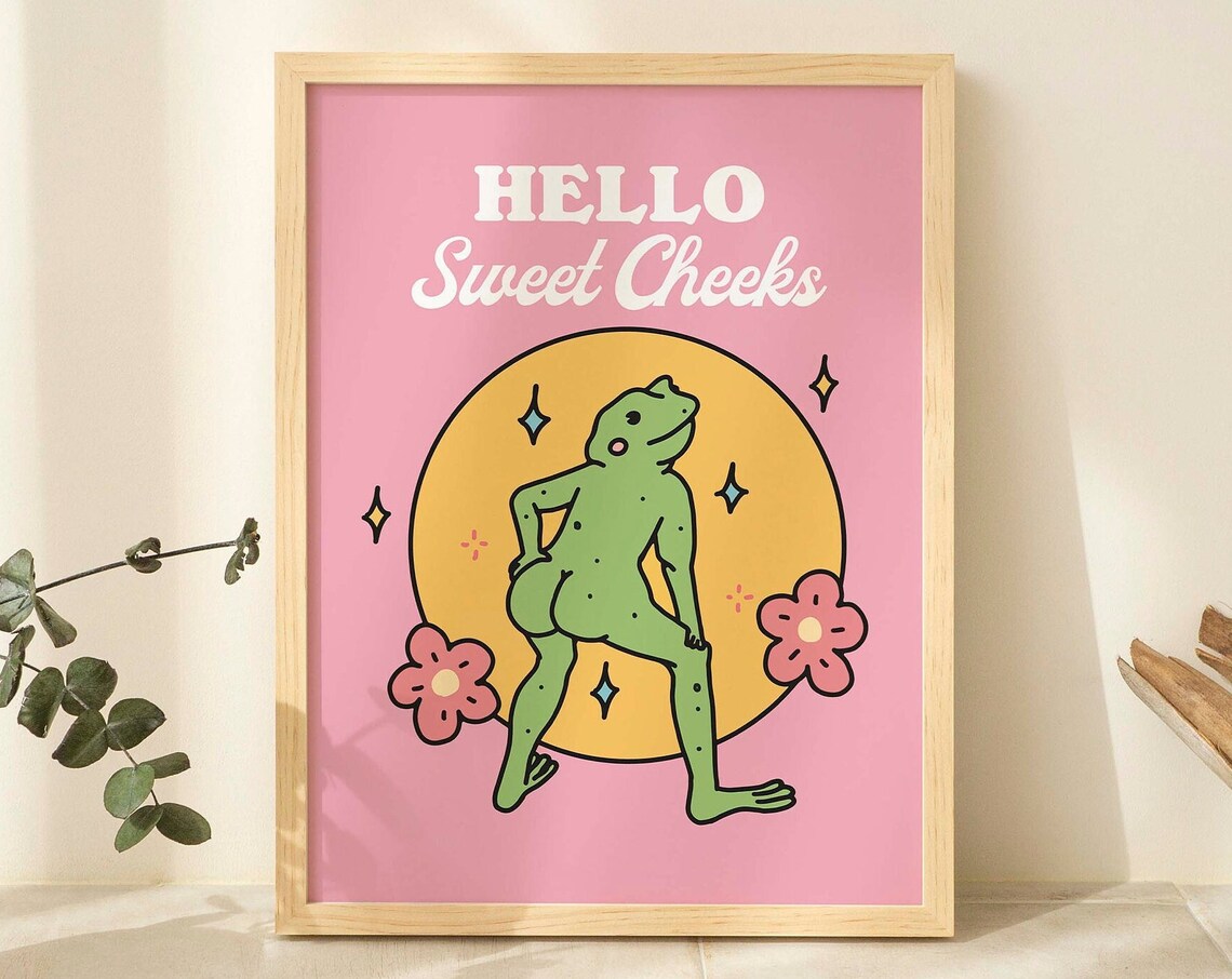 Girly Frog Self Care Positivity Pink Retro Art Print