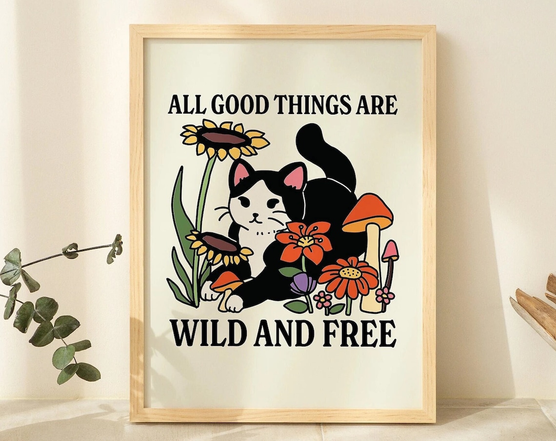 Wildflower Cat Botanical Art Print, Wild and Free