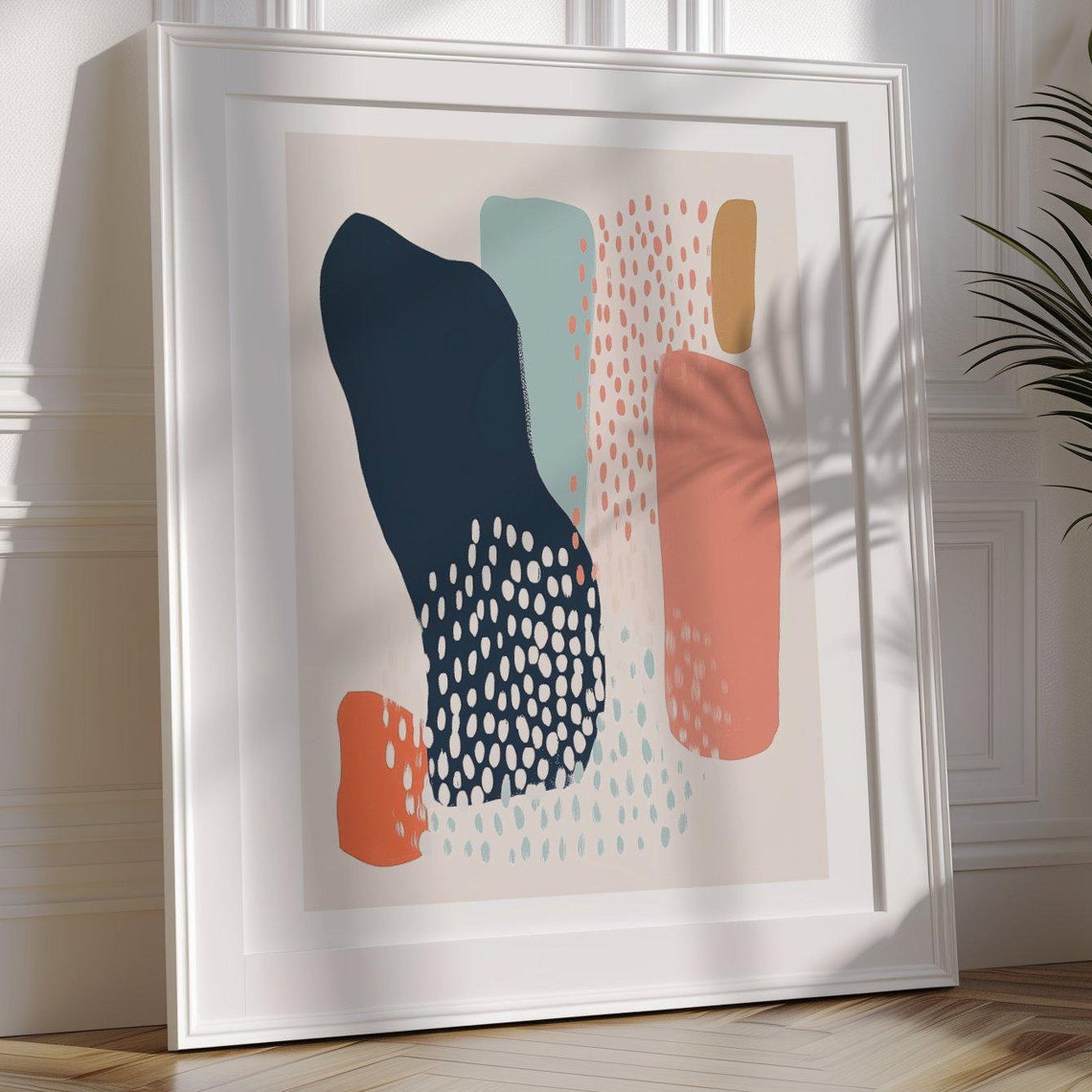 Navy Dotted Organic Abstract With Coral Columns Modern Poster