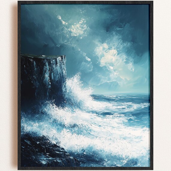 Stormy Navy Teal Ocean Cliff Waves Seascape Oil Painting Poster