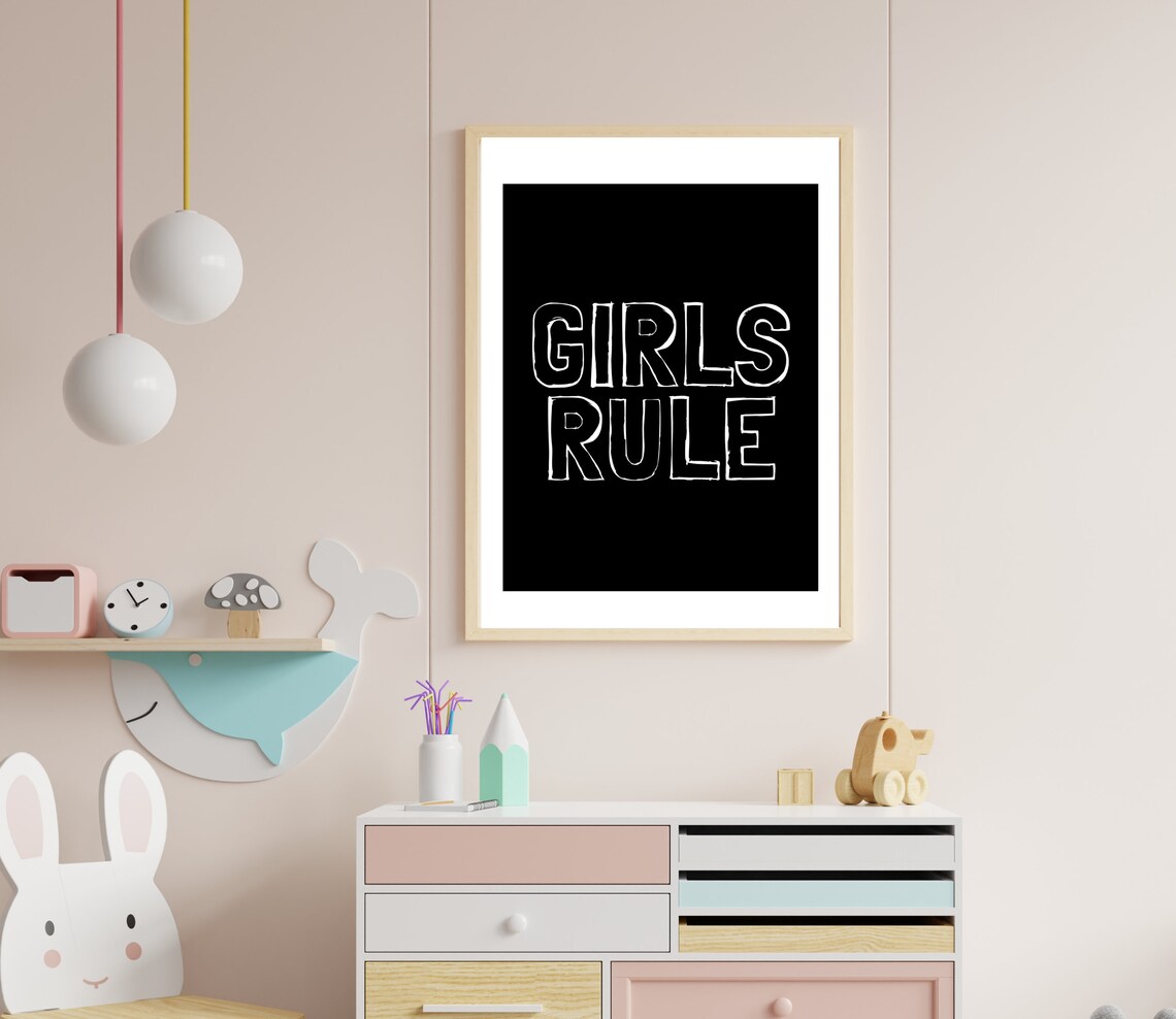 Girls Rule White Outline Black Minimalist Girls Bedroom Poster - Image 2