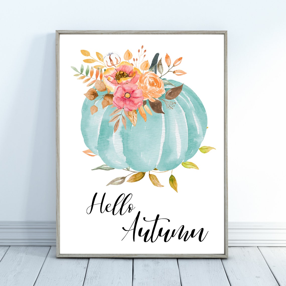 Hello Autumn Teal Watercolor Pumpkin Floral Fall Botanical Poster - Image 3